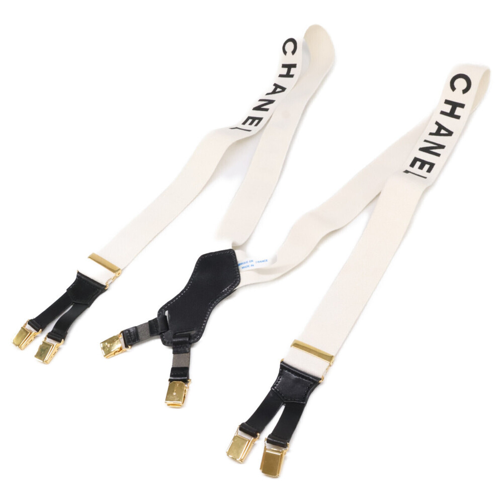 CHANEL 97P Leather Fabric Logo Design Suspender Belt White x Black Gold Hardw...